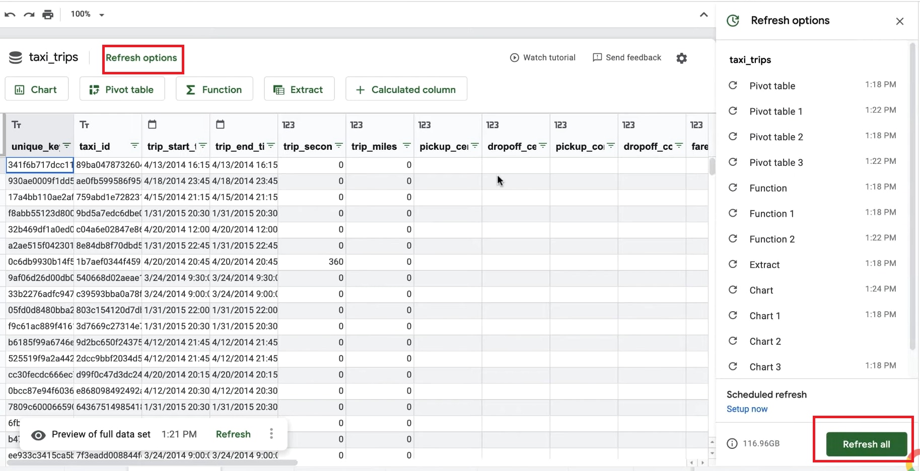 bigquery to google sheets - Refresh all